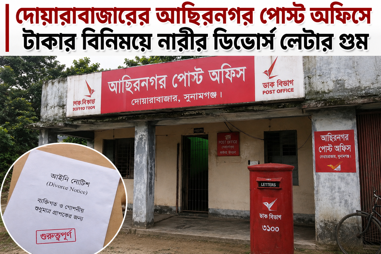 দোয়ারাবাজারের আছিরনগর পোস্ট অফিসে টাকার বিনিময়ে ডিভোর্স লেটার গুমের অভিযোগ।